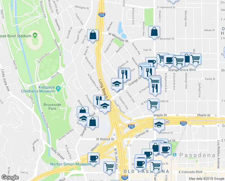 map of restaurants, bars, coffee shops, grocery stores, and more near 651 Orange Grove Boulevard in Pasadena