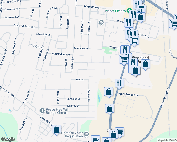 map of restaurants, bars, coffee shops, grocery stores, and more near 632 Middleberg Way in Florence