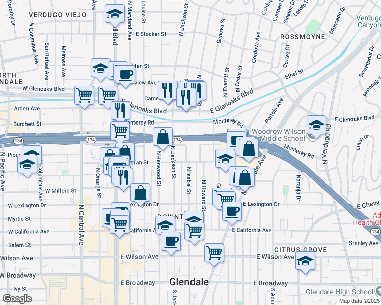 map of restaurants, bars, coffee shops, grocery stores, and more near 616 North Isabel Street in Glendale