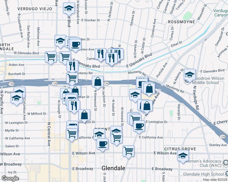 map of restaurants, bars, coffee shops, grocery stores, and more near 616 North Isabel Street in Glendale