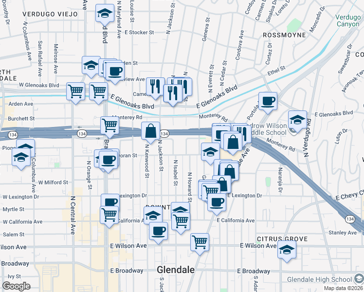 map of restaurants, bars, coffee shops, grocery stores, and more near 611 North Howard Street in Glendale