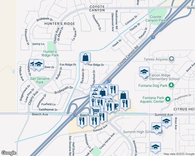 map of restaurants, bars, coffee shops, grocery stores, and more near 5422 Osprey Court in Fontana
