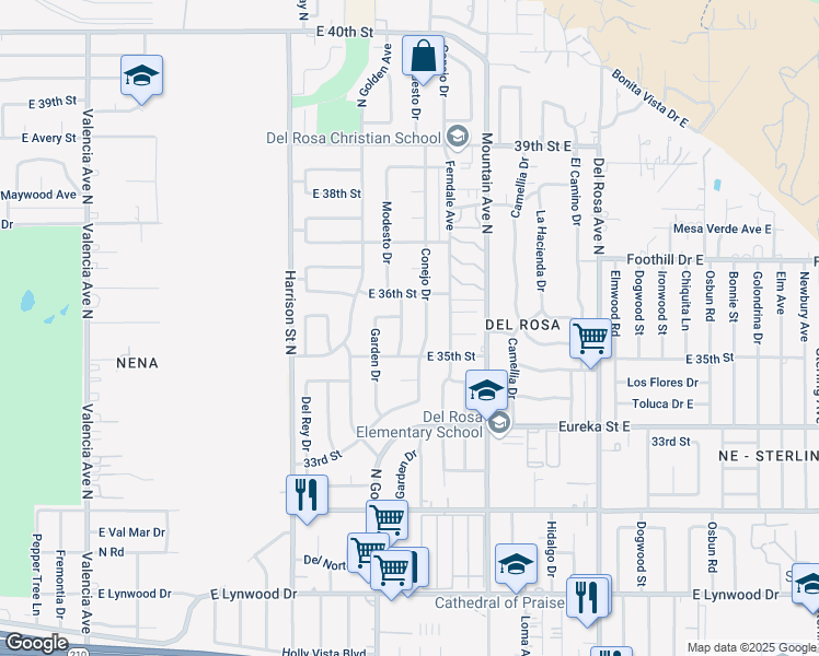 map of restaurants, bars, coffee shops, grocery stores, and more near 3512 Conejo Drive in San Bernardino