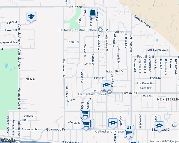 map of restaurants, bars, coffee shops, grocery stores, and more near 3512 Conejo Drive in San Bernardino