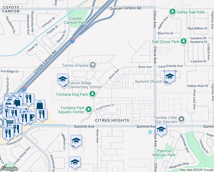 map of restaurants, bars, coffee shops, grocery stores, and more near 15783 Ralph Lane in Fontana