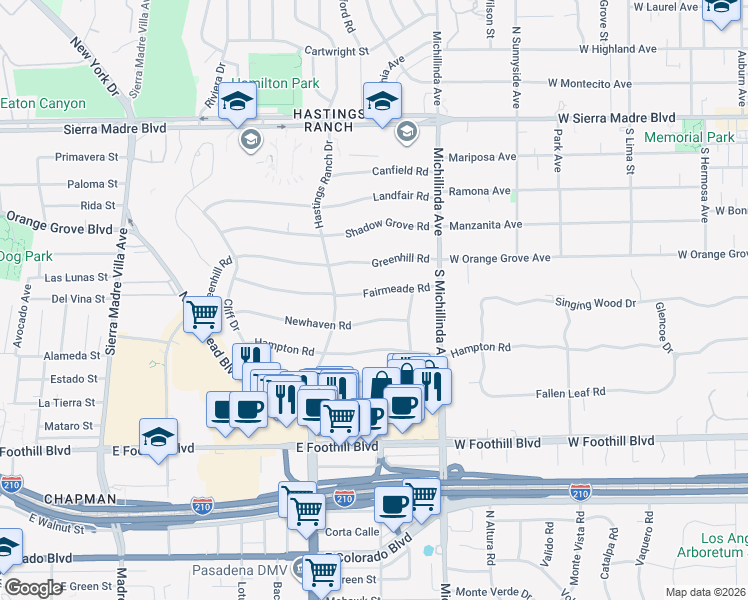 map of restaurants, bars, coffee shops, grocery stores, and more near 3785 Newhaven Road in Pasadena