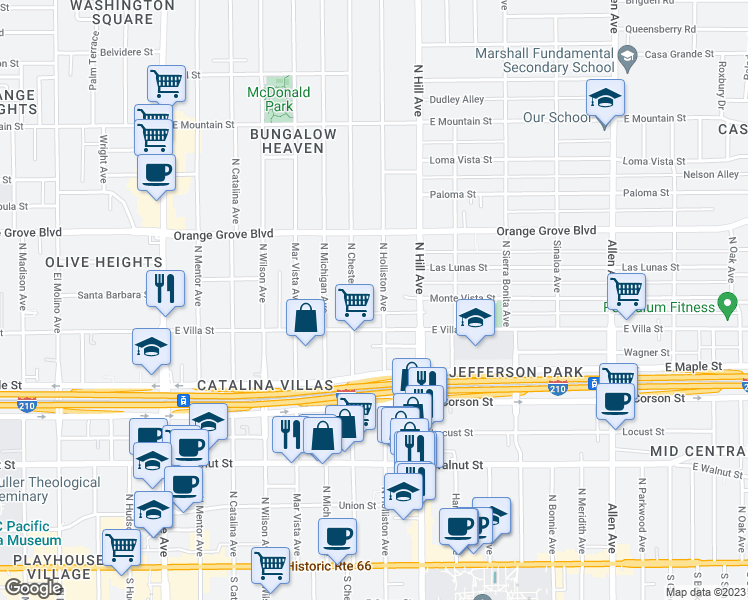 map of restaurants, bars, coffee shops, grocery stores, and more near 519 North Holliston Avenue in Pasadena