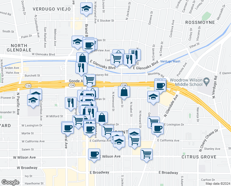 map of restaurants, bars, coffee shops, grocery stores, and more near in Glendale