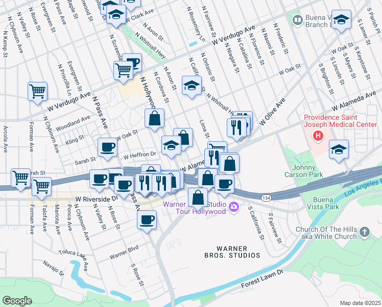map of restaurants, bars, coffee shops, grocery stores, and more near 210 North Cordova Street in Burbank