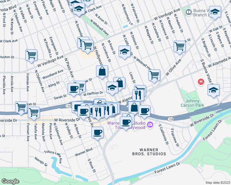 map of restaurants, bars, coffee shops, grocery stores, and more near 227 North Hollywood Way in Burbank