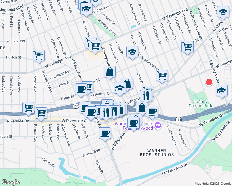 map of restaurants, bars, coffee shops, grocery stores, and more near 227 North Hollywood Way in Burbank