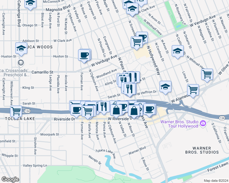 map of restaurants, bars, coffee shops, grocery stores, and more near 4339 West Sarah Street in Burbank