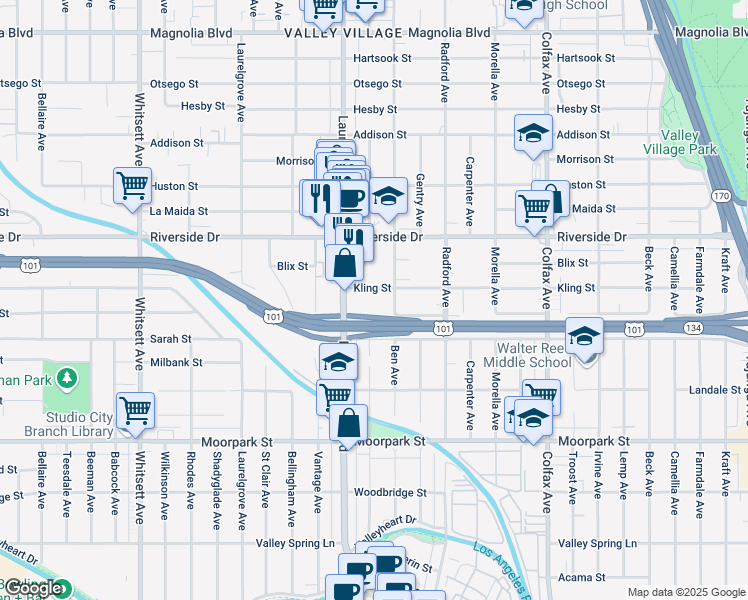 map of restaurants, bars, coffee shops, grocery stores, and more near 12014 Kling Street in Los Angeles
