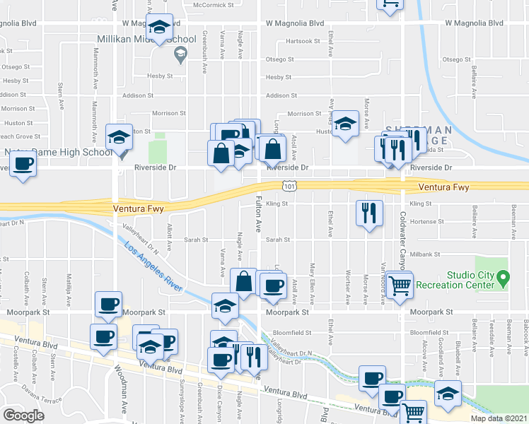 map of restaurants, bars, coffee shops, grocery stores, and more near 4634 Fulton Avenue in Los Angeles
