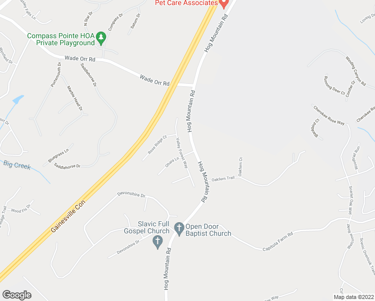 map of restaurants, bars, coffee shops, grocery stores, and more near 5350 Valley Forest Way in Flowery Branch