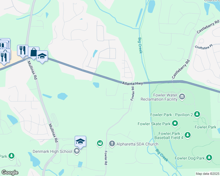 map of restaurants, bars, coffee shops, grocery stores, and more near 4435 Atlanta Highway in Alpharetta