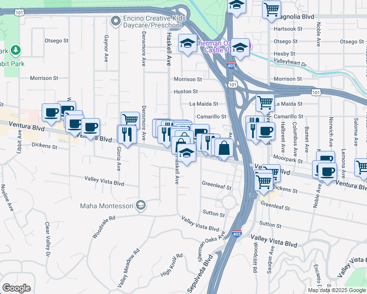 map of restaurants, bars, coffee shops, grocery stores, and more near 15531 Ventura Boulevard in Los Angeles