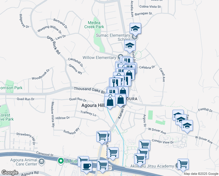 map of restaurants, bars, coffee shops, grocery stores, and more near 29105 Thousand Oaks Boulevard in Agoura Hills