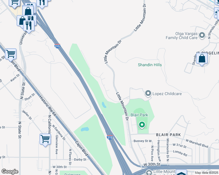 map of restaurants, bars, coffee shops, grocery stores, and more near 1574 Ridge Crest Court in San Bernardino