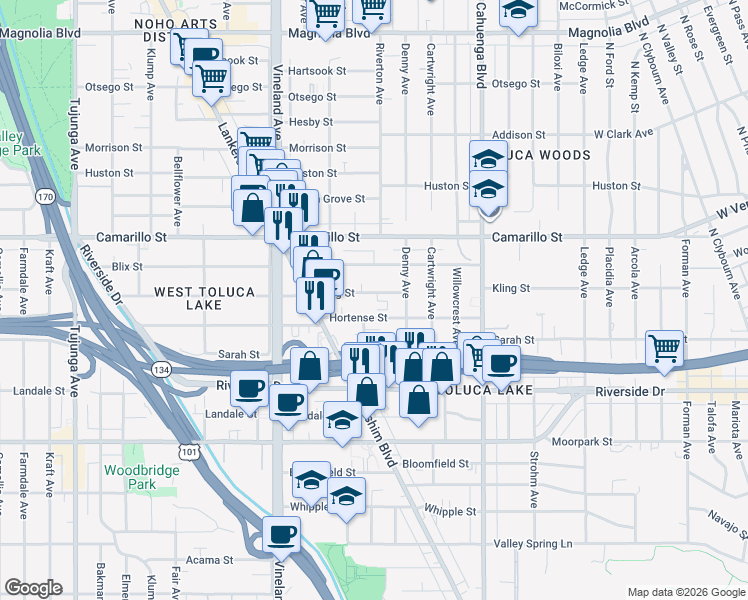 map of restaurants, bars, coffee shops, grocery stores, and more near 10808 Kling Street in Los Angeles