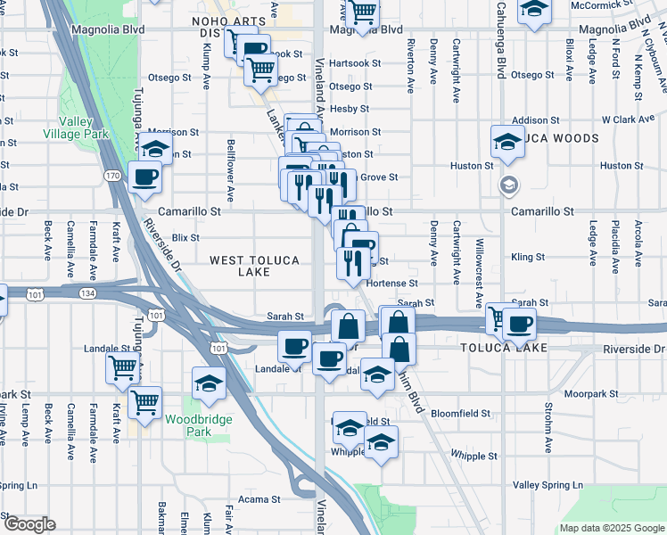 map of restaurants, bars, coffee shops, grocery stores, and more near 10945 Hortense Street in Los Angeles