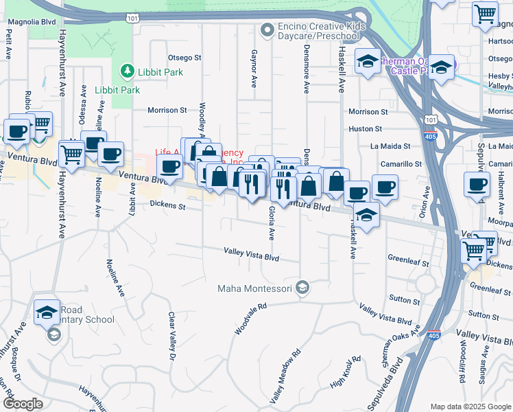 map of restaurants, bars, coffee shops, grocery stores, and more near 15933 Dickens Street in Los Angeles