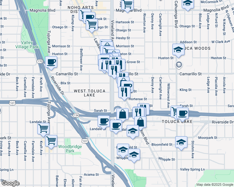 map of restaurants, bars, coffee shops, grocery stores, and more near 10944 Kling Street in Los Angeles
