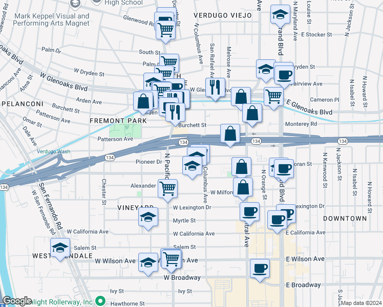 map of restaurants, bars, coffee shops, grocery stores, and more near 343 Pioneer Drive in Glendale