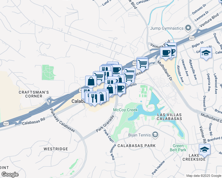 map of restaurants, bars, coffee shops, grocery stores, and more near 4798 Commons Way in Calabasas