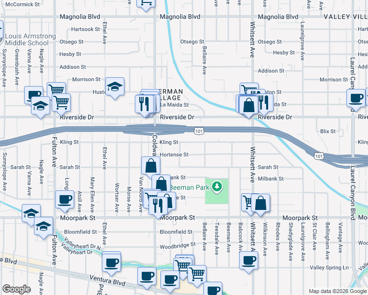map of restaurants, bars, coffee shops, grocery stores, and more near 12755 Hortense Street in Los Angeles