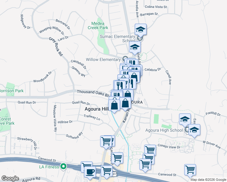 map of restaurants, bars, coffee shops, grocery stores, and more near 29121 Thousand Oaks Boulevard in Agoura Hills