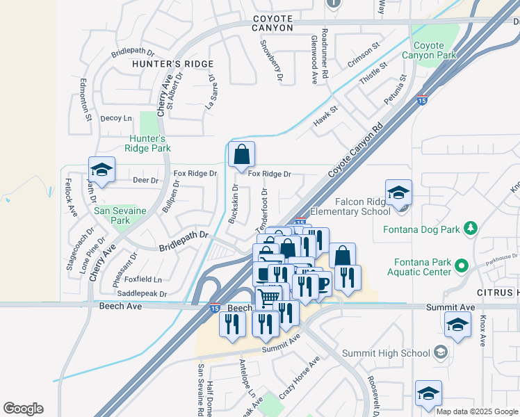 map of restaurants, bars, coffee shops, grocery stores, and more near 5428 Tenderfoot Drive in Fontana