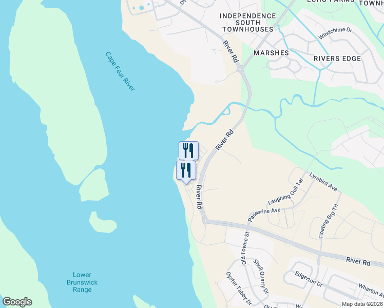 map of restaurants, bars, coffee shops, grocery stores, and more near 3610 Watercraft Ferry Avenue in Wilmington