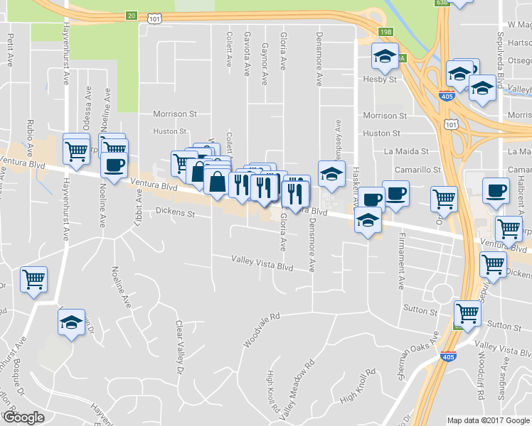 map of restaurants, bars, coffee shops, grocery stores, and more near 15928 Ventura Boulevard in Los Angeles