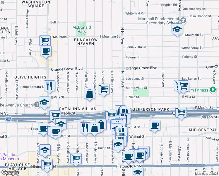 map of restaurants, bars, coffee shops, grocery stores, and more near 519 North Holliston Avenue in Pasadena