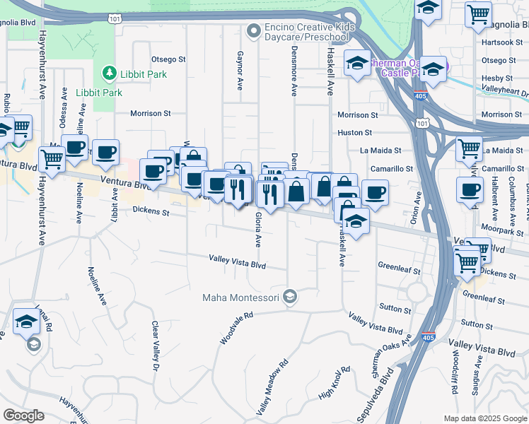 map of restaurants, bars, coffee shops, grocery stores, and more near 4612 Gloria Avenue in Los Angeles