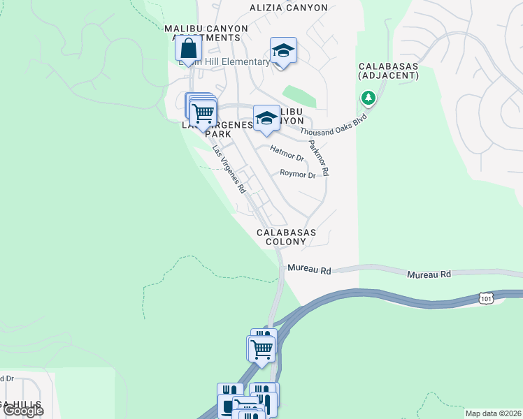 map of restaurants, bars, coffee shops, grocery stores, and more near 5412 Las Virgenes Road in Calabasas