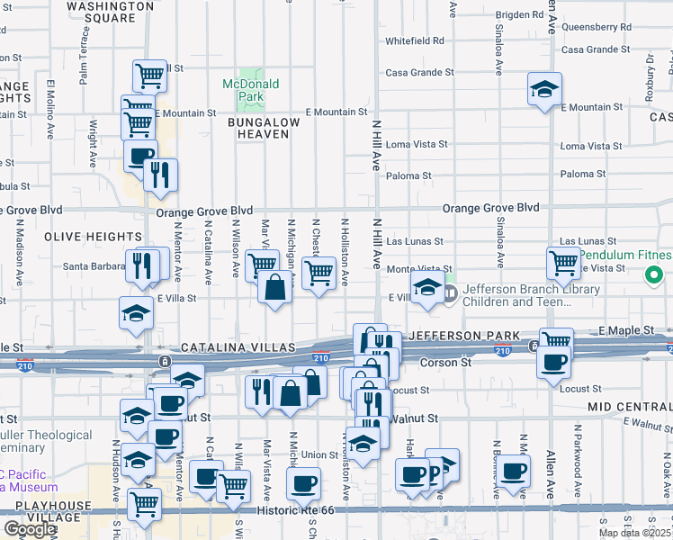map of restaurants, bars, coffee shops, grocery stores, and more near 545 North Holliston Avenue in Pasadena