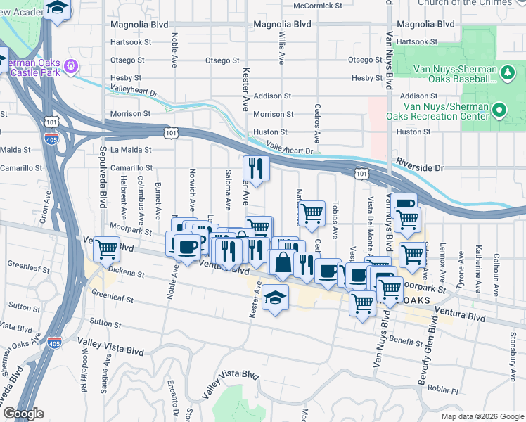 map of restaurants, bars, coffee shops, grocery stores, and more near 19 Moorpark Street in Los Angeles