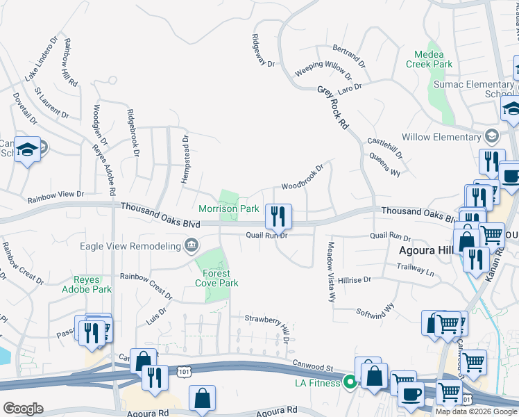 map of restaurants, bars, coffee shops, grocery stores, and more near 5715 Emerson Court in Agoura Hills
