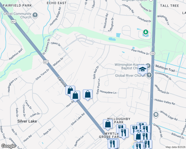 map of restaurants, bars, coffee shops, grocery stores, and more near 4900 Castleberry Court in Wilmington