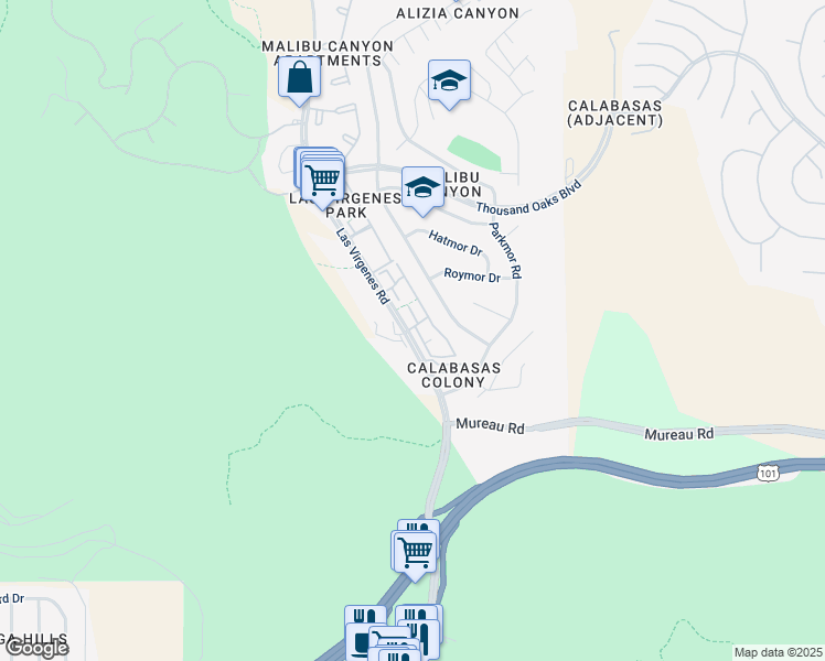 map of restaurants, bars, coffee shops, grocery stores, and more near 5412 Las Virgenes Road in Calabasas