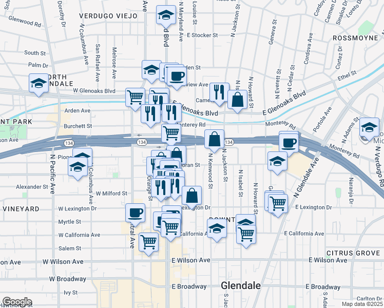 map of restaurants, bars, coffee shops, grocery stores, and more near 600 North Louise Street in Glendale