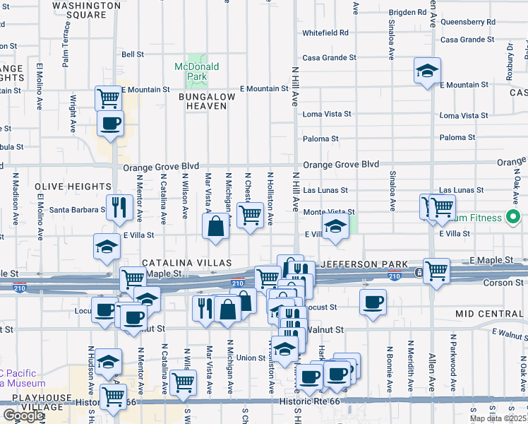 map of restaurants, bars, coffee shops, grocery stores, and more near 545 North Holliston Avenue in Pasadena