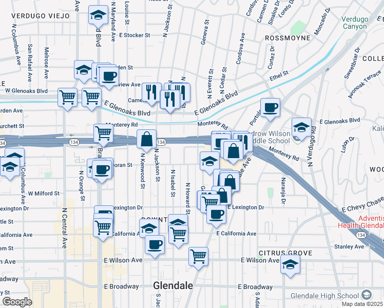 map of restaurants, bars, coffee shops, grocery stores, and more near 611 North Howard Street in Glendale