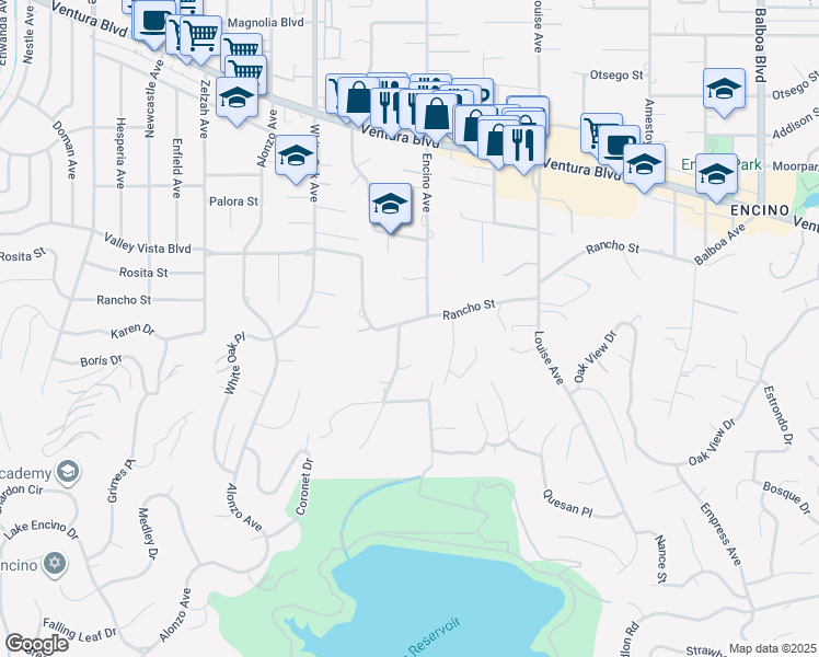 map of restaurants, bars, coffee shops, grocery stores, and more near 17528 Rancho Street in Los Angeles