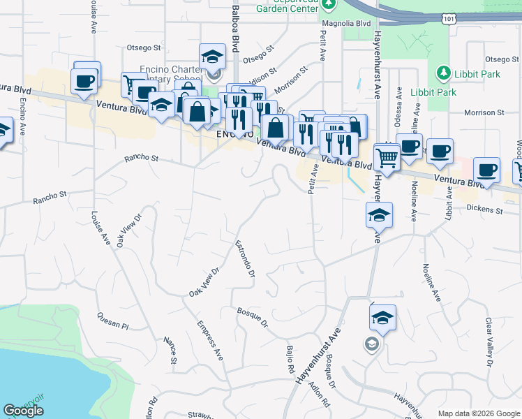map of restaurants, bars, coffee shops, grocery stores, and more near 16800 Oak View Drive in Los Angeles