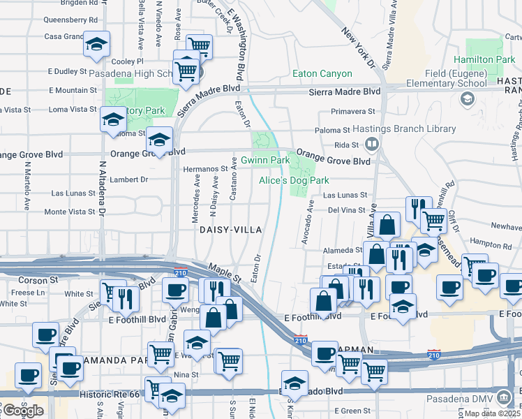 map of restaurants, bars, coffee shops, grocery stores, and more near 525 Eaton Drive in Pasadena