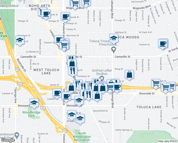 map of restaurants, bars, coffee shops, grocery stores, and more near 10737 Hortense Street in Los Angeles