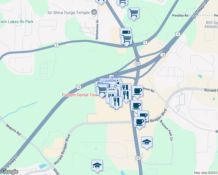 map of restaurants, bars, coffee shops, grocery stores, and more near 350 Peachtree Parkway in Cumming